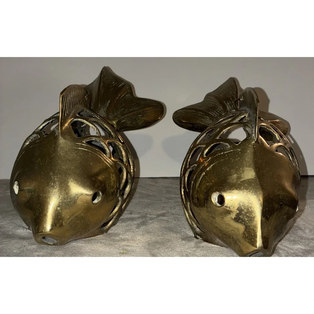 Vintage Rosenthal-Netter Brass Open Scale Hanging Koi Fish‎ Lantern Set (2)
